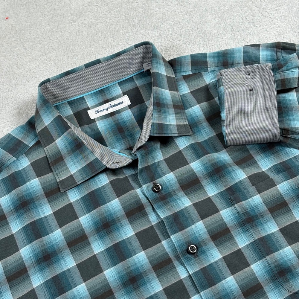 Tommy Bahama Mens Teal Blue Plaid Cotton Silk Blend‎ Long Sleeve Button Shirt XL